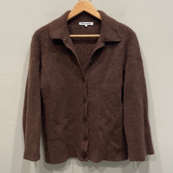 Reformation Sweaters - Reformation Recycled Cashmere Collared Button Up Cardigan Brown - Size: Medium